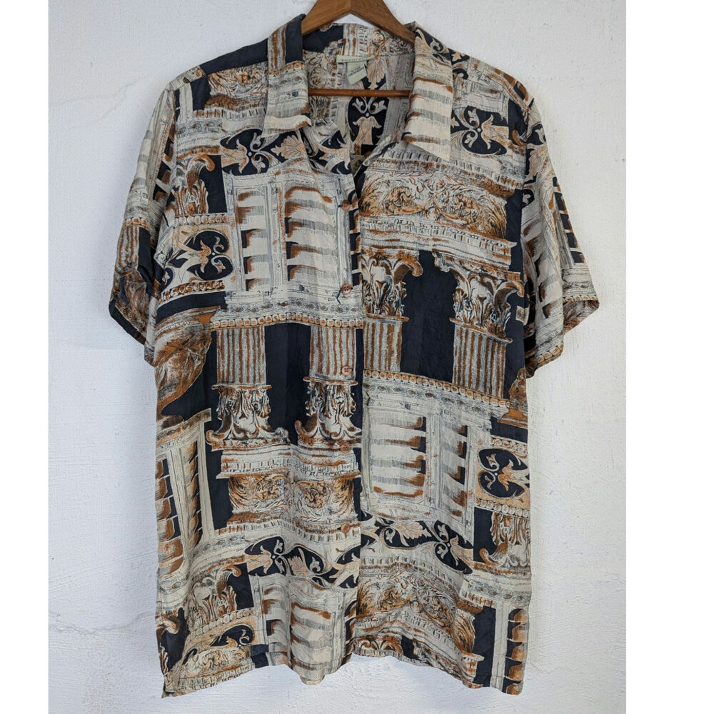 Vtg The Avenue Silk Blouse Ancient Rome Greece Novelty Neutral Classic Size 14